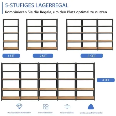 Úložný regál  5 úrovní s kovovým rámom, kovový regál, nosnosť do 650 kg, 75 x 30 x 150 cm, čierna