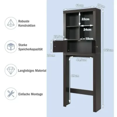 3-poschodová toaletná polička Šetriaci priestor Kúpeľňová polička so 4 otvorenými priehradkami 60 x 20 x 165 cm Hnedá