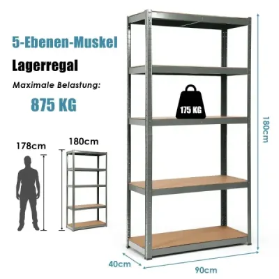 5-poschodový úložný regál, priestor šetriaci regál pre veľké zaťaženie, kovový regál, dielenský regál, sivý