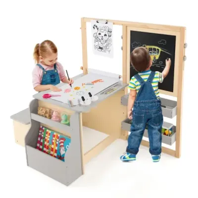 Costway 6 in 1 Kinder Staffelei Set Standtafel aus Holz mit doppelseitiger Kreidetafel Hellgrau