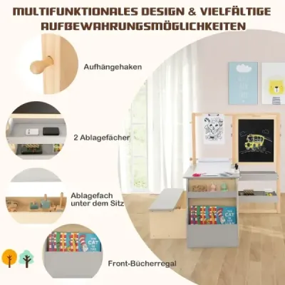 Costway 6 in 1 Kinder Staffelei Set Standtafel aus Holz mit doppelseitiger Kreidetafel Hellgrau