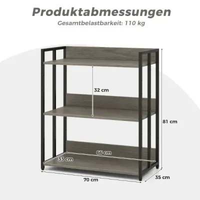 Costway Bücherregal mit 3 Ebenen Standregal mit verstellbaren Regalböden und Metallrahmen 70 x 35 x 81 cm Grau