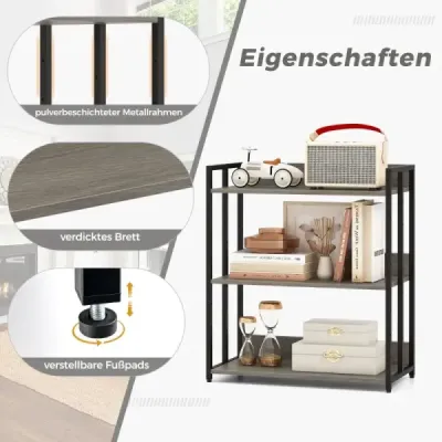 Costway Bücherregal mit 3 Ebenen Standregal mit verstellbaren Regalböden und Metallrahmen 70 x 35 x 81 cm Grau