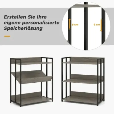 Costway Bücherregal mit 3 Ebenen Standregal mit verstellbaren Regalböden und Metallrahmen 70 x 35 x 81 cm Grau