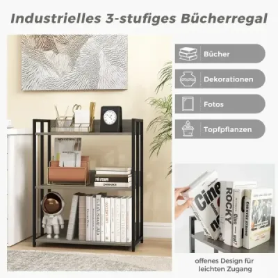 Costway Bücherregal mit 3 Ebenen Standregal mit verstellbaren Regalböden und Metallrahmen 70 x 35 x 81 cm Grau