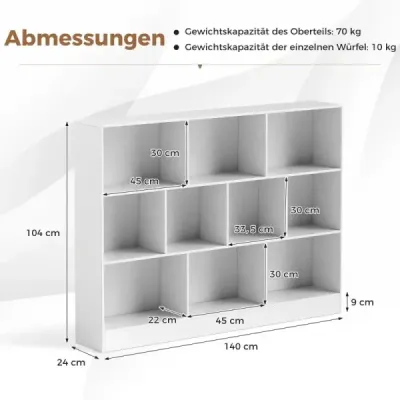 Costway 3 Ebenen Bücherregal mit 10 Fächern Standregal Würfelregal Büroregal 140 x 24 x 104 cm Weiß