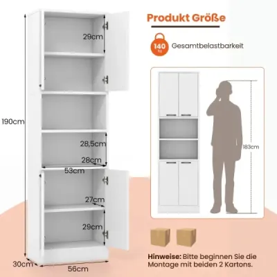 Costway 190 cm Hoher Küchenschrank mit Türen & Regalen Sideboard Hochschrank 56 x 30 x 190 cm Weiß