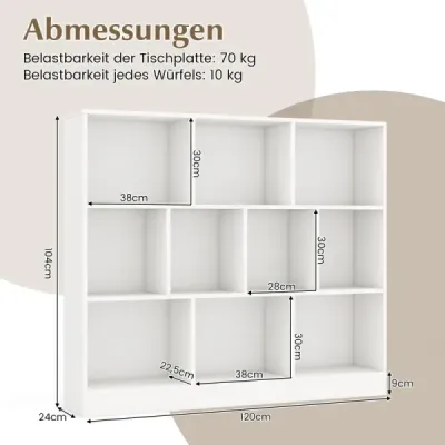 Costway 3 Ebenen Bücherregal mit 10 Fächern Standregal Würfelregal Büroregal 120 x 24 x 104 cm Weiß