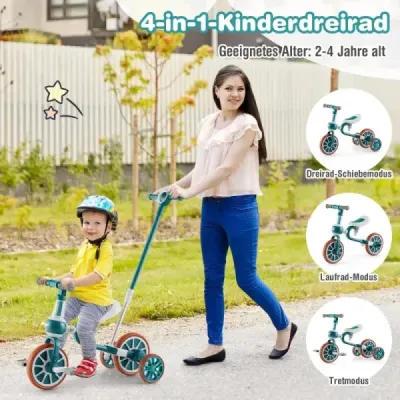 Costway Kinderrad 4-in-1-Vorschulrad mit Eltern-Schiebegriff 37 x 72 x 101 cm Grün