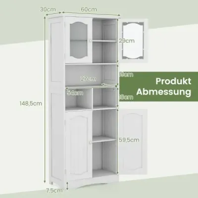 Costway Badezimmerschrank freistehender Hochschrank mit 4 Türen & Regalen Weiß 60 x 30 x 148,5 cm