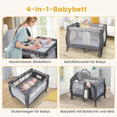 Costway 4 IN 1 Babybett Tragbares Beistellbett Reisebett mit Faltbaren Matratze & Wickeltisch Hellgrau