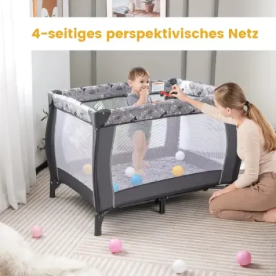 Costway 4 IN 1 Babybett Tragbares Beistellbett Reisebett mit Faltbaren Matratze & Wickeltisch Hellgrau