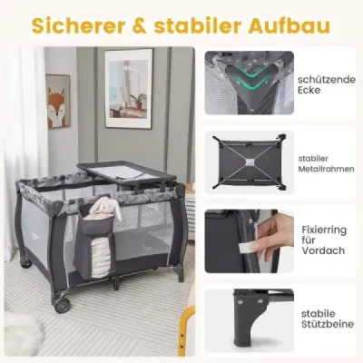 Costway 4 IN 1 Babybett Tragbares Beistellbett Reisebett mit Faltbaren Matratze & Wickeltisch Hellgrau