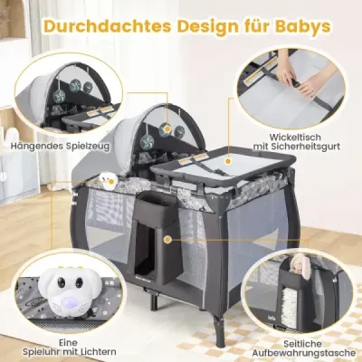 Costway 4 IN 1 Babybett Tragbares Beistellbett Reisebett mit Faltbaren Matratze & Wickeltisch Hellgrau