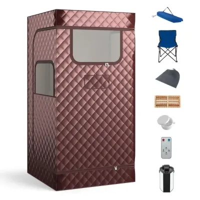 Costway Dampfsauna Heimsauna für Zuhause Ganzkörpersaunabox mit 3-Liter-Dampfgenerator 91 x 91 x 183 cm Kaffee