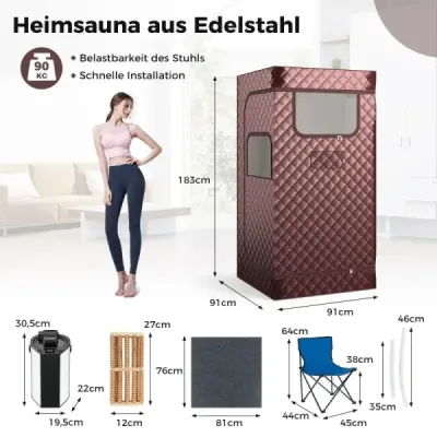 Costway Dampfsauna Heimsauna für Zuhause Ganzkörpersaunabox mit 3-Liter-Dampfgenerator 91 x 91 x 183 cm Kaffee