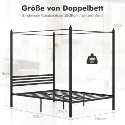 Costway 140 x 200 cm Himmelbett Bettgestell mit Lattenrost Metallbett Doppelbett Bettrahmen Schwarz