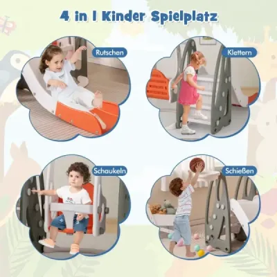 Costway Kinderschaukel mit Rutsche klappbar 4 in 1 Schaukel & Rutsche & Basketballkorb & Leiter Orange