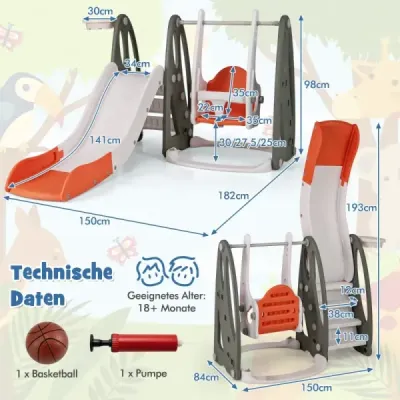 Costway Kinderschaukel mit Rutsche klappbar 4 in 1 Schaukel & Rutsche & Basketballkorb & Leiter Orange