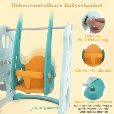 Costway Kinderschaukel mit höhenverstellbarer Babyrutsche 4 in 1 Schaukel & Rutsche & Basketballkorb & Leiter Grün