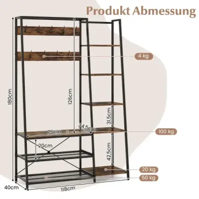 Costway 5 in 1 Garderobenständer mit Schuhbank & 9 Haken & 5 Seitenablagen & 2 Gitterregalen