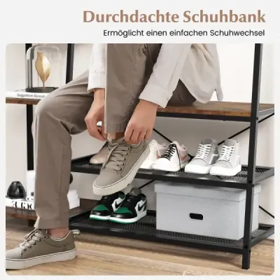 Costway 5 in 1 Garderobenständer mit Schuhbank & 9 Haken & 5 Seitenablagen & 2 Gitterregalen