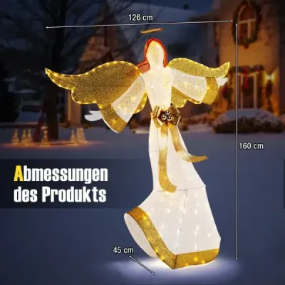 Costway 160 cm großer beleuchteter Weihnachtsengel Leuchtende Engelsfigur mit Heiligenschein Warmweiß