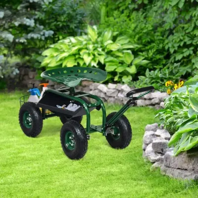 Rollsitz mit Rollen & Ausziehbarem Griff & Korb 360° Drehbare Gartenwagen Gartensitz 96,5 x 48,5 x 45,5-54,5 cm