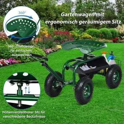 Rollsitz mit Rollen & Ausziehbarem Griff & Korb 360° Drehbare Gartenwagen Gartensitz 96,5 x 48,5 x 45,5-54,5 cm