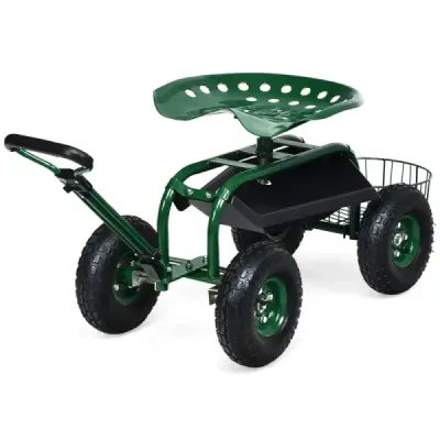 Rollsitz mit Rollen & Ausziehbarem Griff & Korb 360° Drehbare Gartenwagen Gartensitz 96,5 x 48,5 x 45,5-54,5 cm