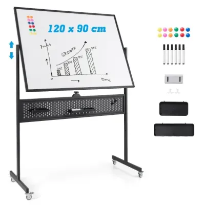 Obojstranná mobilná biela tabuľa 120 x 90 cm s perforovanou doskou, kolieskami a stojanom, čierna