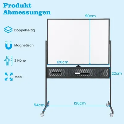 Obojstranná mobilná biela tabuľa 120 x 90 cm s perforovanou doskou, kolieskami a stojanom, čierna