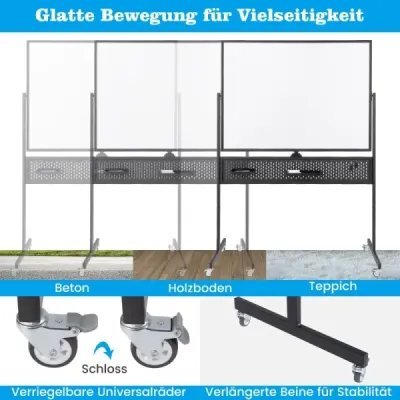 Obojstranná mobilná biela tabuľa 120 x 90 cm s perforovanou doskou, kolieskami a stojanom, čierna