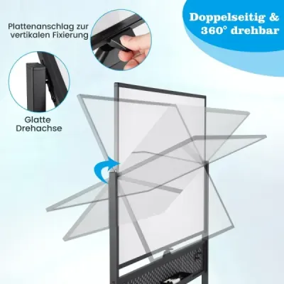 Obojstranná mobilná biela tabuľa 120 x 90 cm s perforovanou doskou, kolieskami a stojanom, čierna