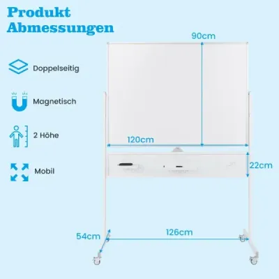 120 x 90 cm obojstranná mobilná biela tabuľa s perforovanou doskou, kolieskami a stojanom, biela