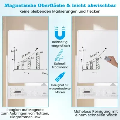 120 x 90 cm obojstranná mobilná biela tabuľa s perforovanou doskou, kolieskami a stojanom, biela