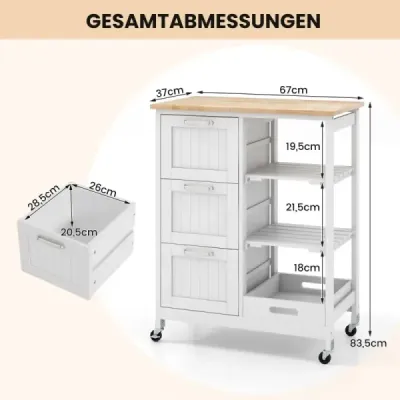 Kuchynský vozík Mobilný kuchynský ostrov Servírovací vozík s 2 úrovňami Úložná polica Biela 67 x 37 x 82,5 cm