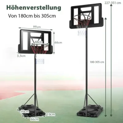 Basketbalový stojan 180-305 cm výškovo nastaviteľný basketbalový kôš so stojanom a 2 kolieskami pre deti