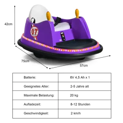 6V detské nárazníkové auto elektrické vozidlá so svetlami a hudbou 57 x 75 x 42 cm fialová