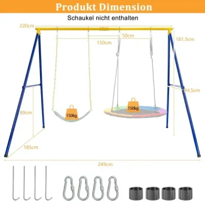 Hojdací rám s A-rámom dvojitý hojdací kovový rám 249 x 185 x 181,5 cm Modrá + žltá