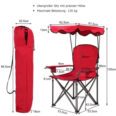 Skladacia rybárska stolička s držiakom na pohár na terasu plážové kempovanie 96,5 x 67,5 x 130 cm červená