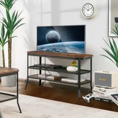 3-úrovňový drevený priemyselný TV stojan s oceľovým rámom 100 x 40 x 55,5 cm Rustikálna hnedá + čierna