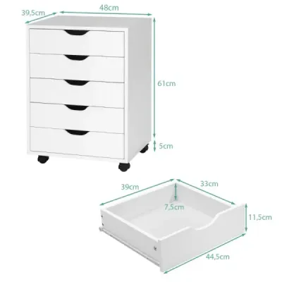 Rolling Container s 5 zásuvkami Mobilná kartotéka s kolieskami 48 x 39,5 x 65,5 cm Biela