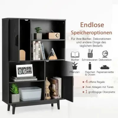 Drevená knižnica 4 Tier Bookcase s 2 dverami Skladacia skriňa čierna