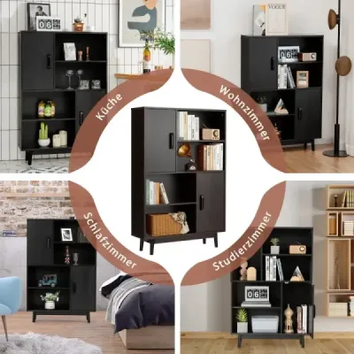 Drevená knižnica 4 Tier Bookcase s 2 dverami Skladacia skriňa čierna