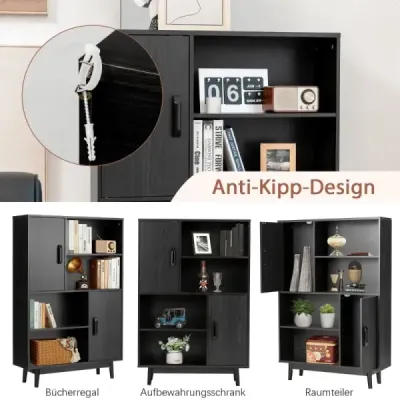 Drevená knižnica 4 Tier Bookcase s 2 dverami Skladacia skriňa čierna