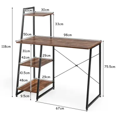 Počítačový stôl so 4 policami Drevený a kovový stôl s policami 98 x 50 x 118 cm Hnedá + čierna