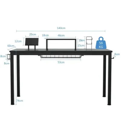 Herný stôl 140 cm herný stôl s policou na monitor 155 x 60 x 94 cm čierny