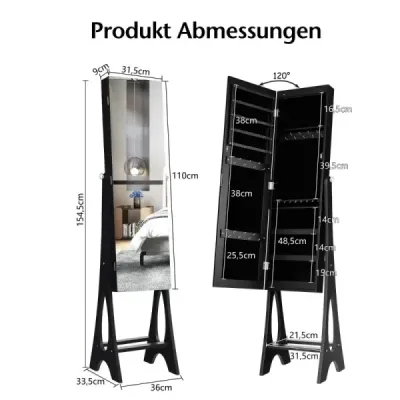 Skrinka na šperky Stojace zrkadlo 2 v 1 zrkadlo v celej dĺžke s 12 LED diódami 36 x 33,5 x 154,5 cm čierna