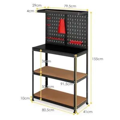 Pracovný stôl na uskladnenie náradia s vešiakovou doskou a 2 spodnými policami 81 x 41 x 155 cm